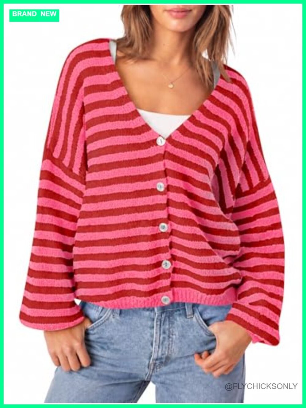 Oversized Striped V-Neck Cardigan Women Lantern Sleeve Button Knit Sweater